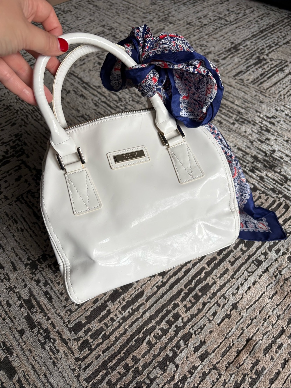 White Patent Satchel Handbag with Scarf Accent
